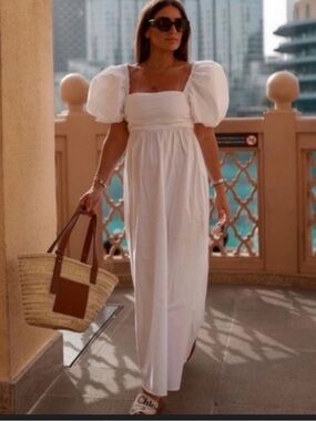 Zara White Puff-Sleeve Square-Neck Maxi Dress